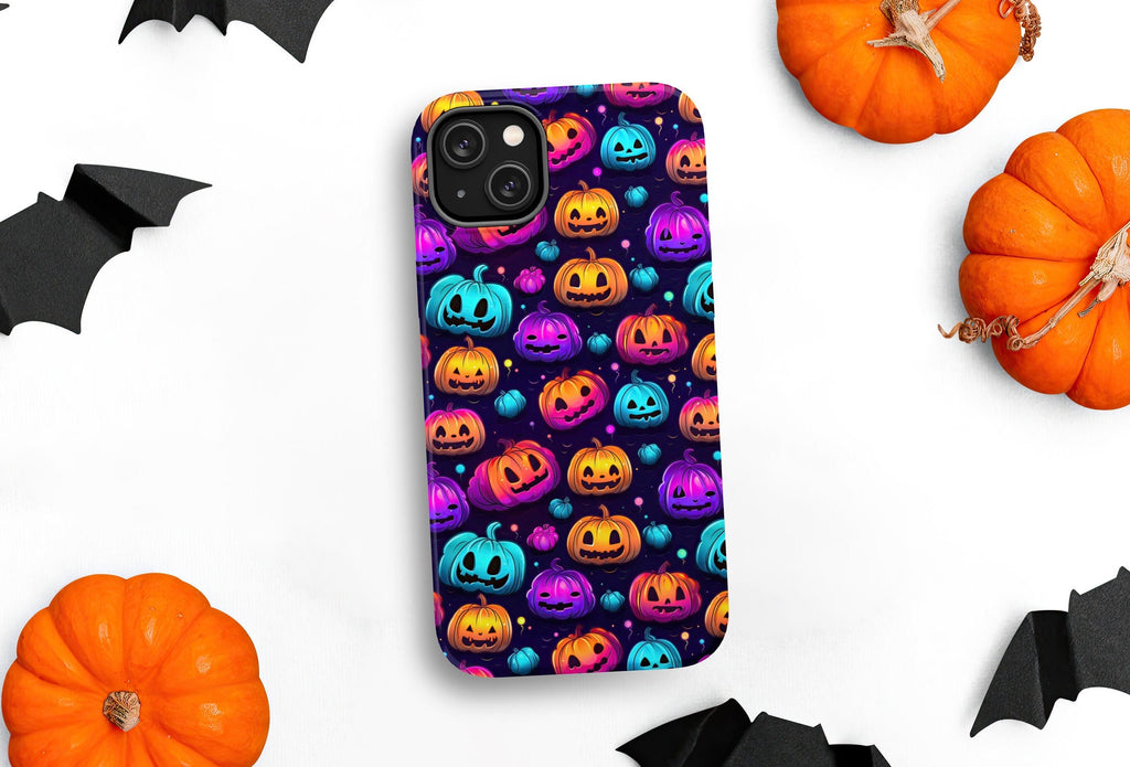Halloween Spooky Neon Pumpkins iPhone Case 14 13 12 11 Pro XR, Seasonal iPhone Hard Tough Cover, Fall Lover Gift