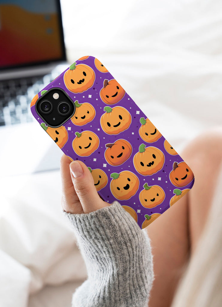 Jack o Lantern Pumpkins Kawaii Halloween iPhone Case, 14 Pro 13 12 11 XR, Cute Seasonal Fall iPhone Hard Tough Cover, Fall Lover Gift