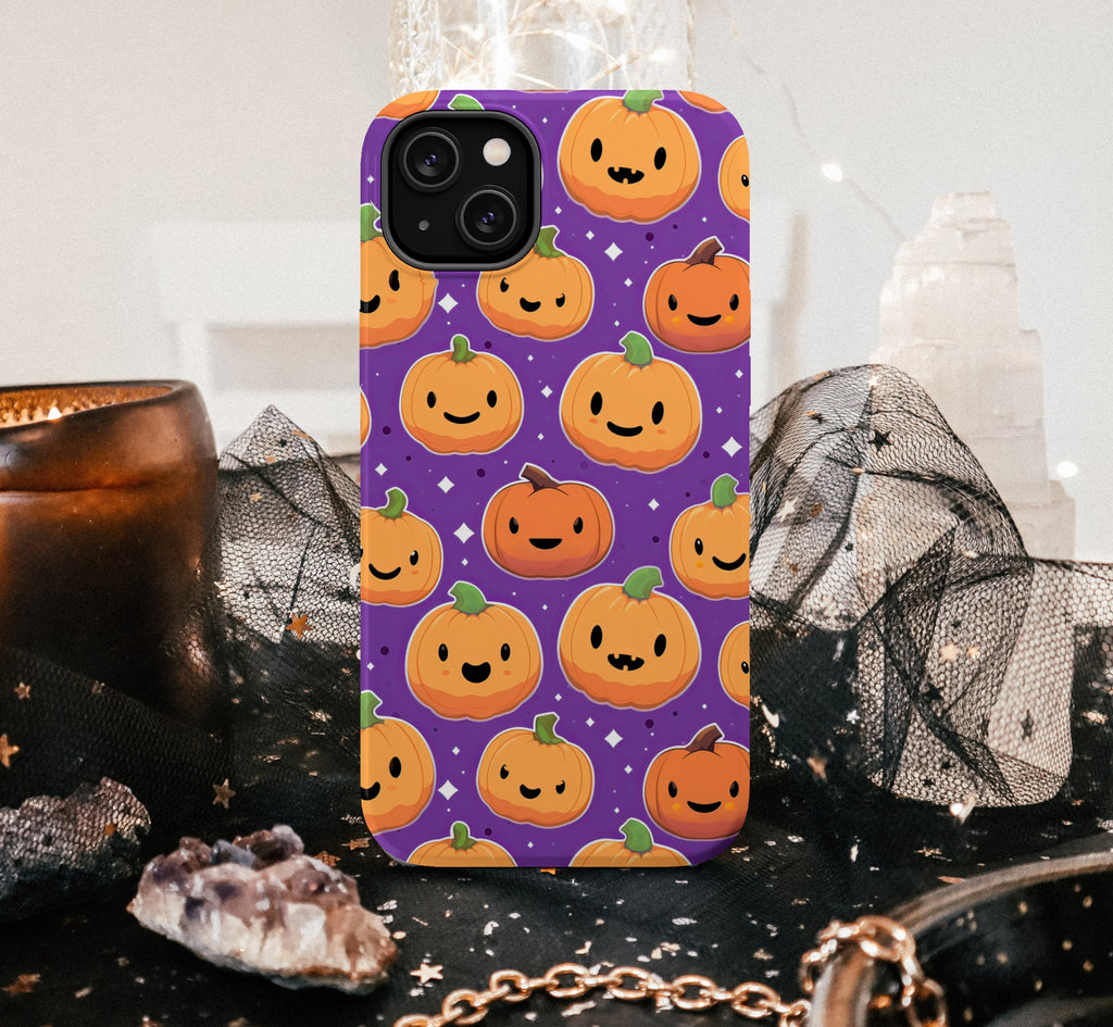 Jack o Lantern Pumpkins Kawaii Halloween iPhone Case, 14 Pro 13 12 11 XR, Cute Seasonal Fall iPhone Hard Tough Cover, Fall Lover Gift