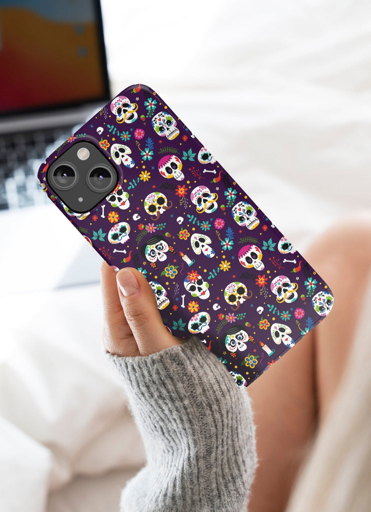 Day of the Dead Sugar Skull iPhone Case 14 13 12 11 Pro XR, Día de los Muertos Calavera Hard Tough Cover, Mexican Folk Art Gift