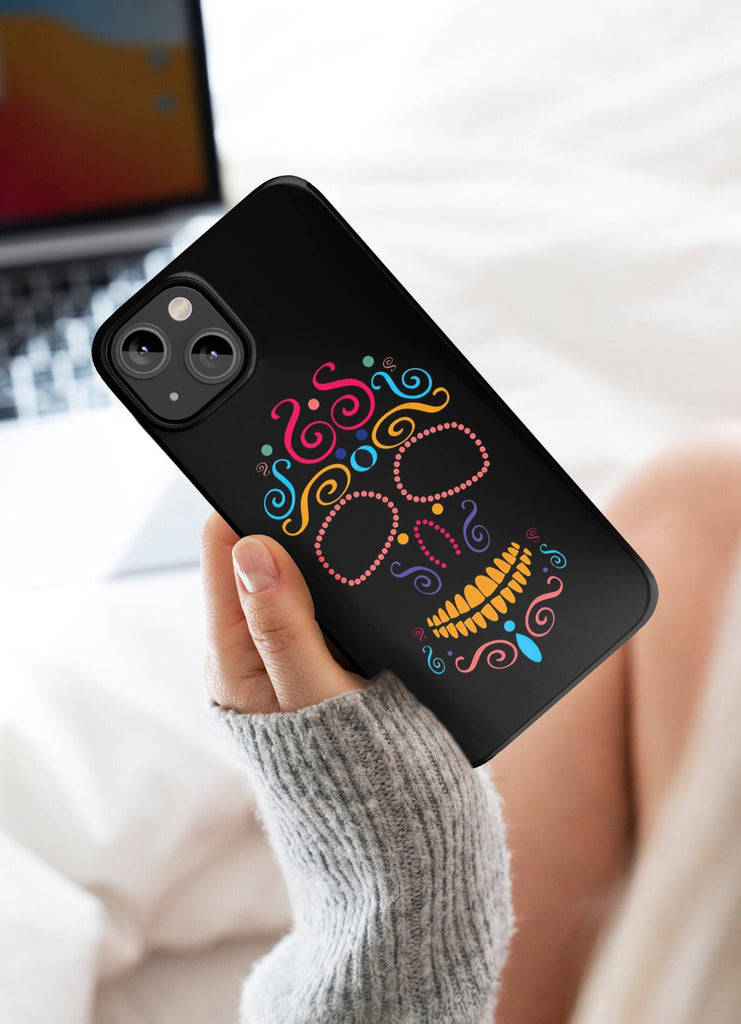 Day of the Dead Sugar Skull iPhone Case 14 13 12 11 Pro XR, Día de los Muertos Calavera Hard Tough Cover, Mexican Folk Art Gift