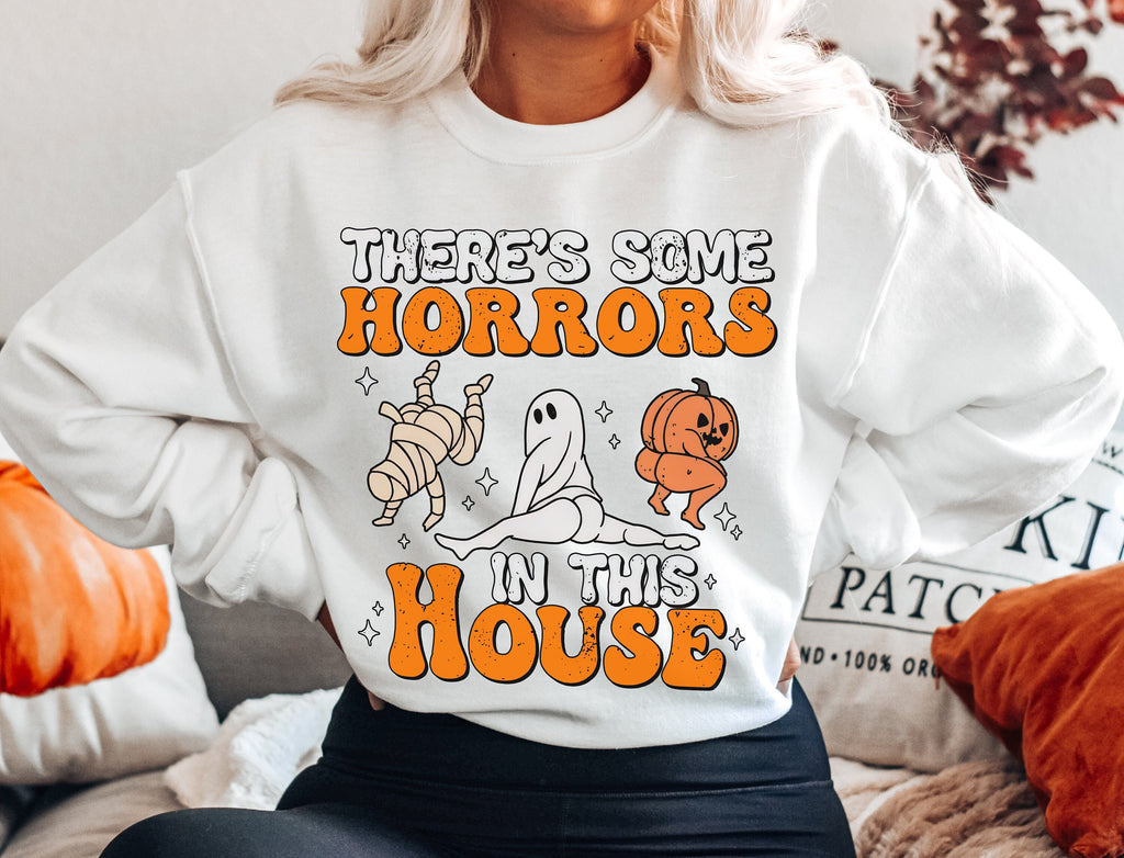 There's Some Horrors In This House Halloween Shirt, Crewneck Sweatshirt Sweater Costume T-shirt, Funny Graphic Tee