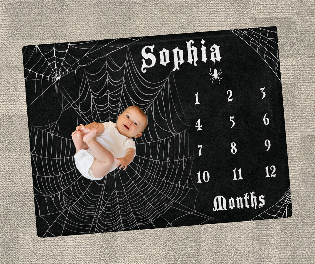 Custom Halloween Baby Name Milestone Blanket, Personalized Spooky Baby Blanket, Goth Infant Nursery, Expecting Mom Baby Shower Gift