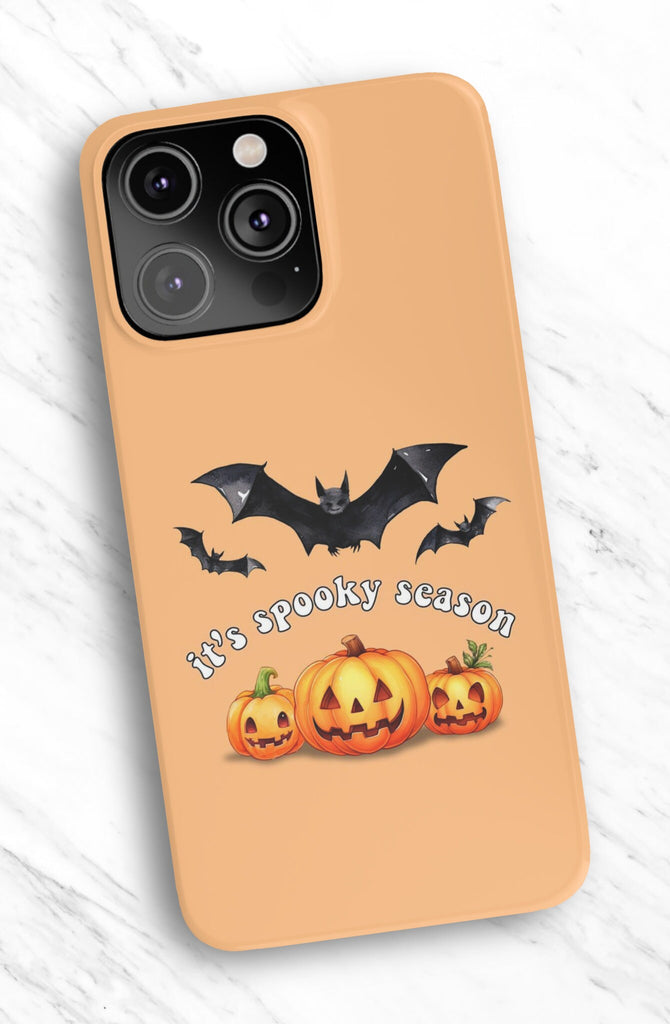 Halloween Spooky Season iPhone Case 14 13 12 11 Pro XR, Bat and Jack o Lantern Pumpkins, Hard Tough Protective Cover Case