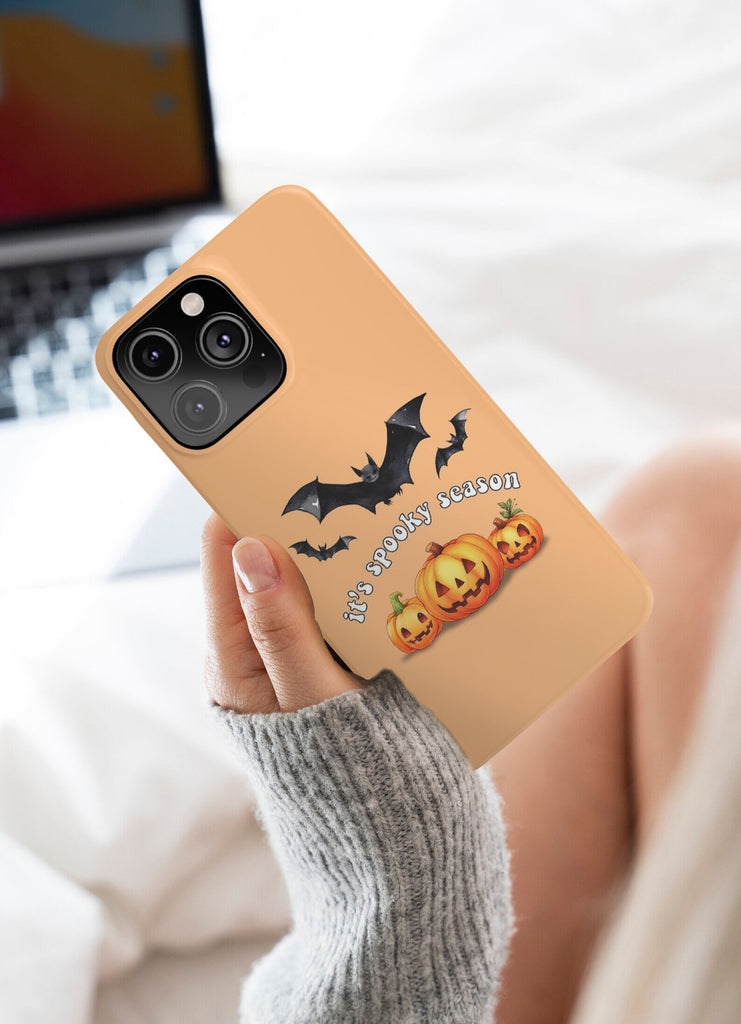 Halloween Spooky Season iPhone Case 14 13 12 11 Pro XR, Bat and Jack o Lantern Pumpkins, Hard Tough Protective Cover Case