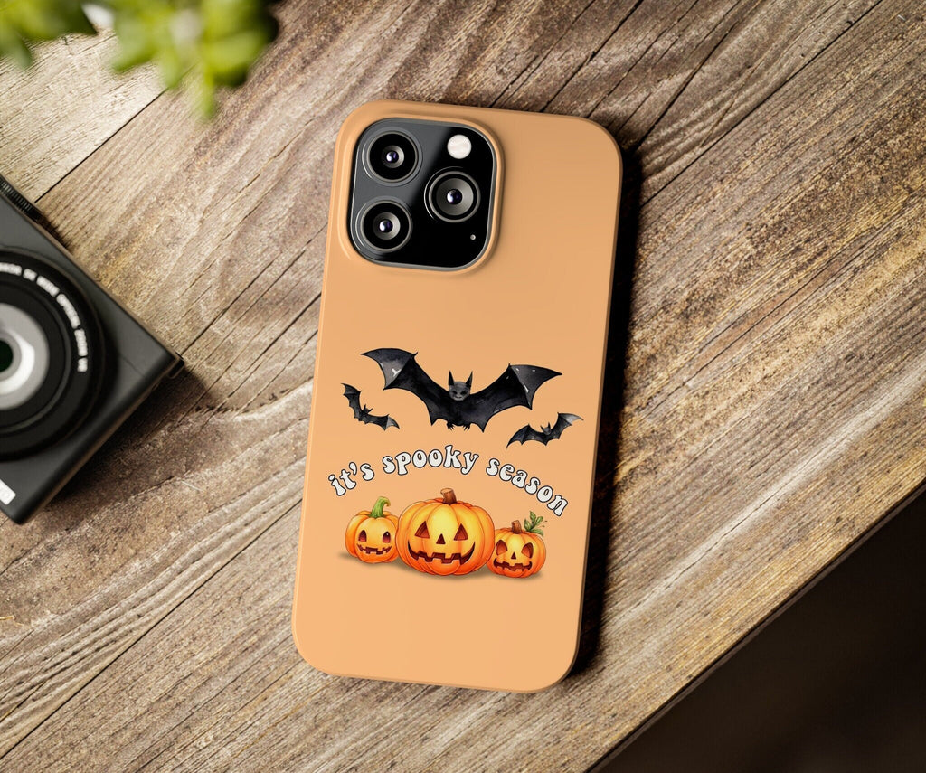 Halloween Spooky Season iPhone Case 14 13 12 11 Pro XR, Bat and Jack o Lantern Pumpkins, Hard Tough Protective Cover Case