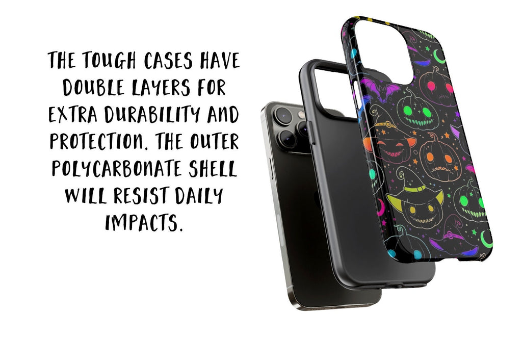 Halloween Spooky Neon Pumpkins iPhone Case 14 13 12 11 Pro XR, Seasonal iPhone Hard Tough Cover, Fall Lover Gift