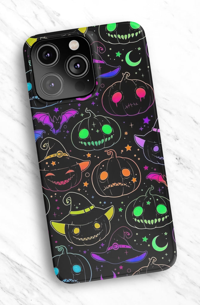 Halloween Spooky Neon Pumpkins iPhone Case 14 13 12 11 Pro XR, Seasonal iPhone Hard Tough Cover, Fall Lover Gift