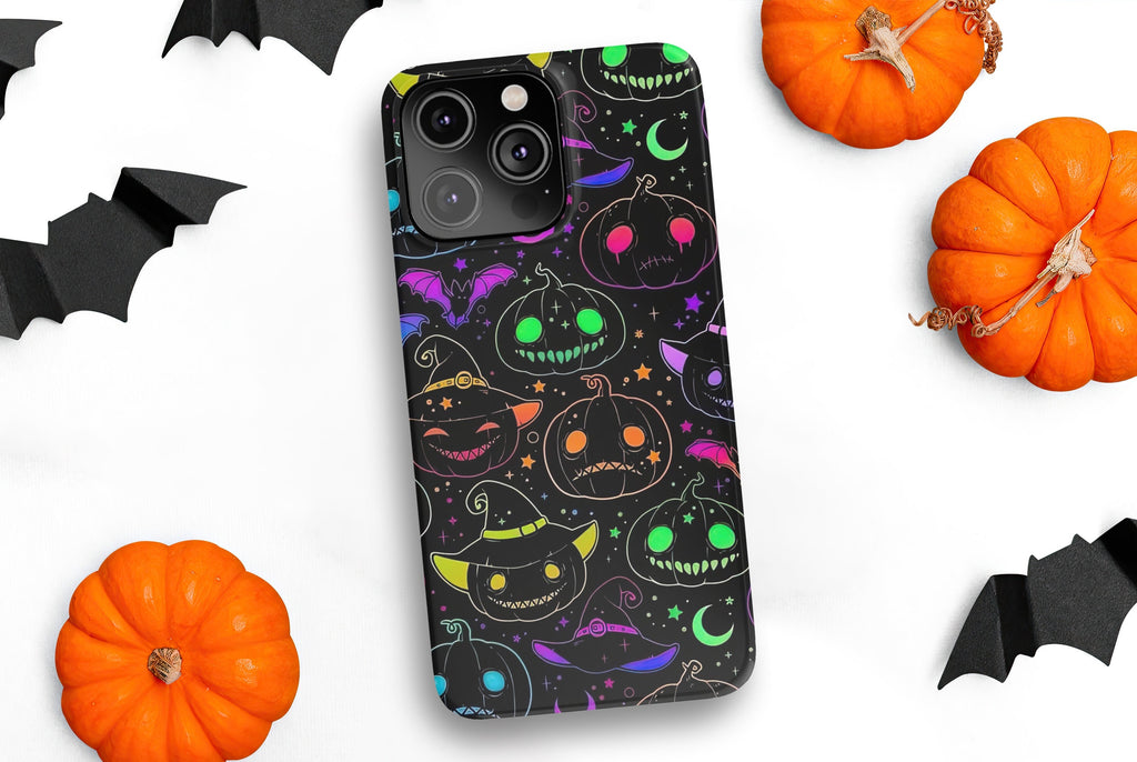 Halloween Spooky Neon Pumpkins iPhone Case 14 13 12 11 Pro XR, Seasonal iPhone Hard Tough Cover, Fall Lover Gift