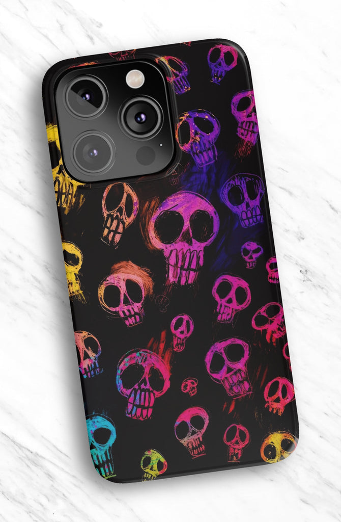 Halloween Spooky Neon Skeleton Skulls iPhone Case 14 13 12 11 Pro XR, Seasonal iPhone Hard Tough Cover, Gothic Fall Lover Gift