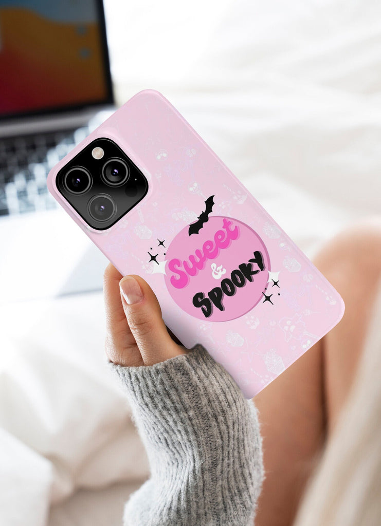 Halloween Sweet & Spooky iPhone Case 14 13 12 11 Pro XR, Cute Pink Halloween Candy Hard Tough Protective Cover Case