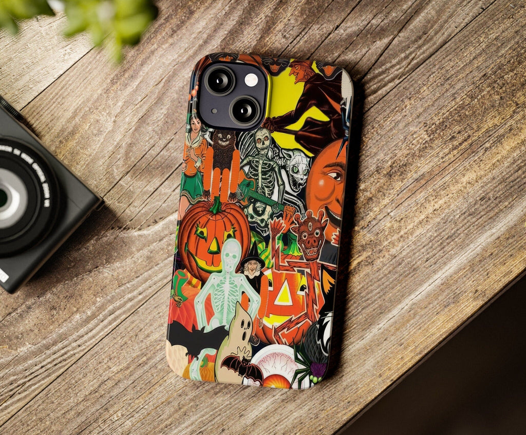 Halloween Vintage Collage iPhone Case 14 13 12 11 Pro XR, Retro Spooky Hard Tough Protective Cover Case