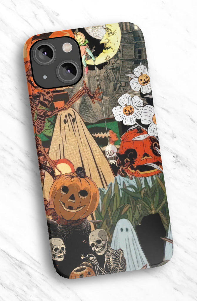 Halloween Vintage Collage iPhone Case 14 13 12 11 Pro XR, Retro Spooky Hard Tough Protective Cover Case
