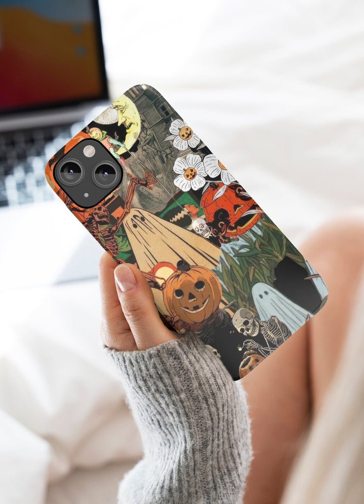 Halloween Vintage Collage iPhone Case 14 13 12 11 Pro XR, Retro Spooky Hard Tough Protective Cover Case