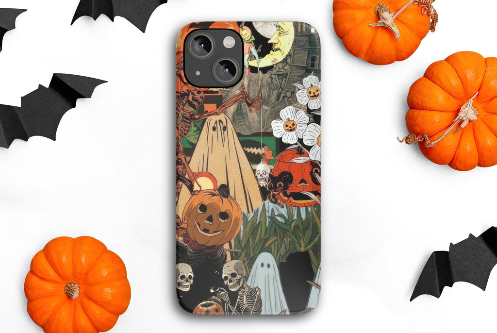 Halloween Vintage Collage iPhone Case 14 13 12 11 Pro XR, Retro Spooky Hard Tough Protective Cover Case