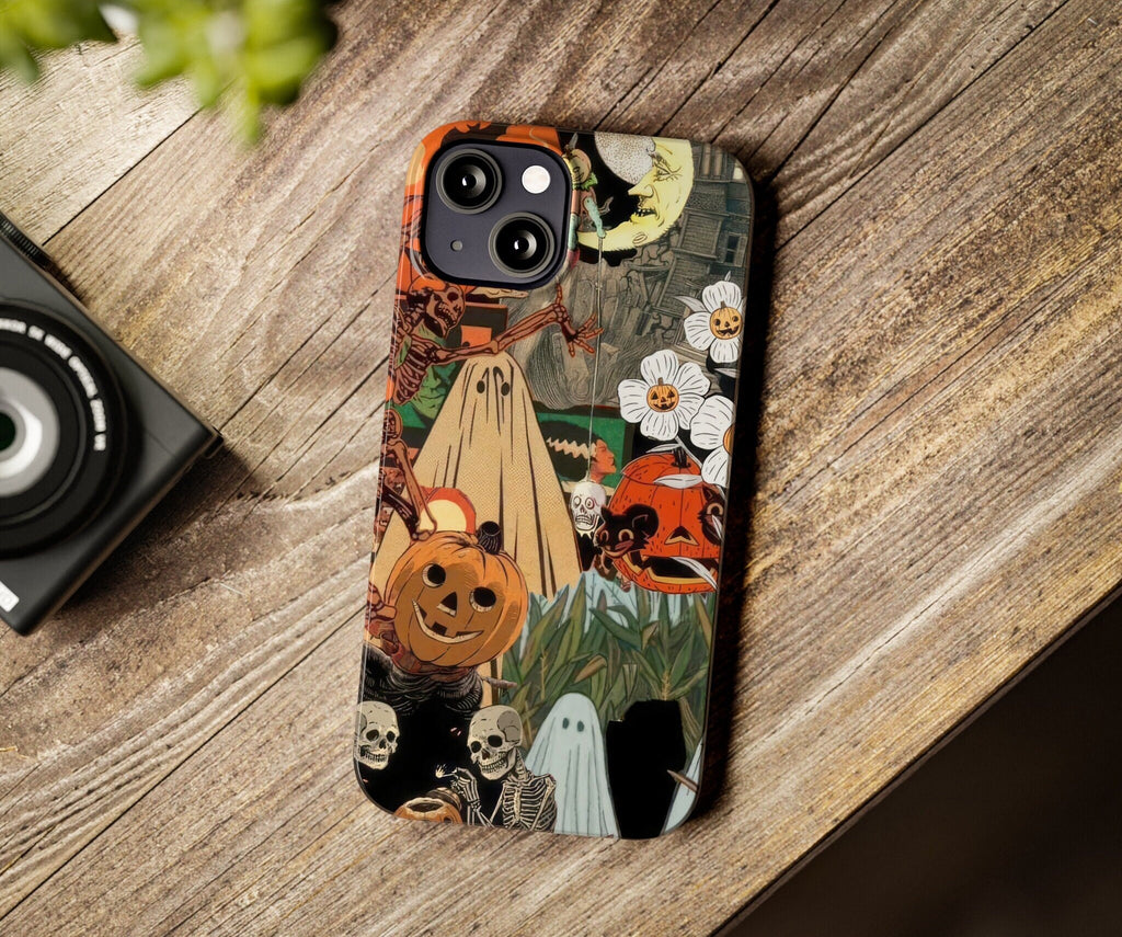 Halloween Vintage Collage iPhone Case 14 13 12 11 Pro XR, Retro Spooky Hard Tough Protective Cover Case