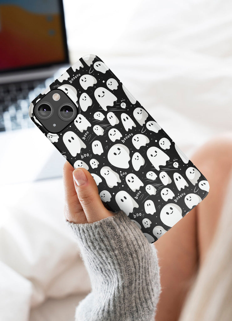 Halloween Kawaii Ghost iPhone Case 14 13 12 11 Pro XR, Spooky Cute Hard Tough Protective Cover Case