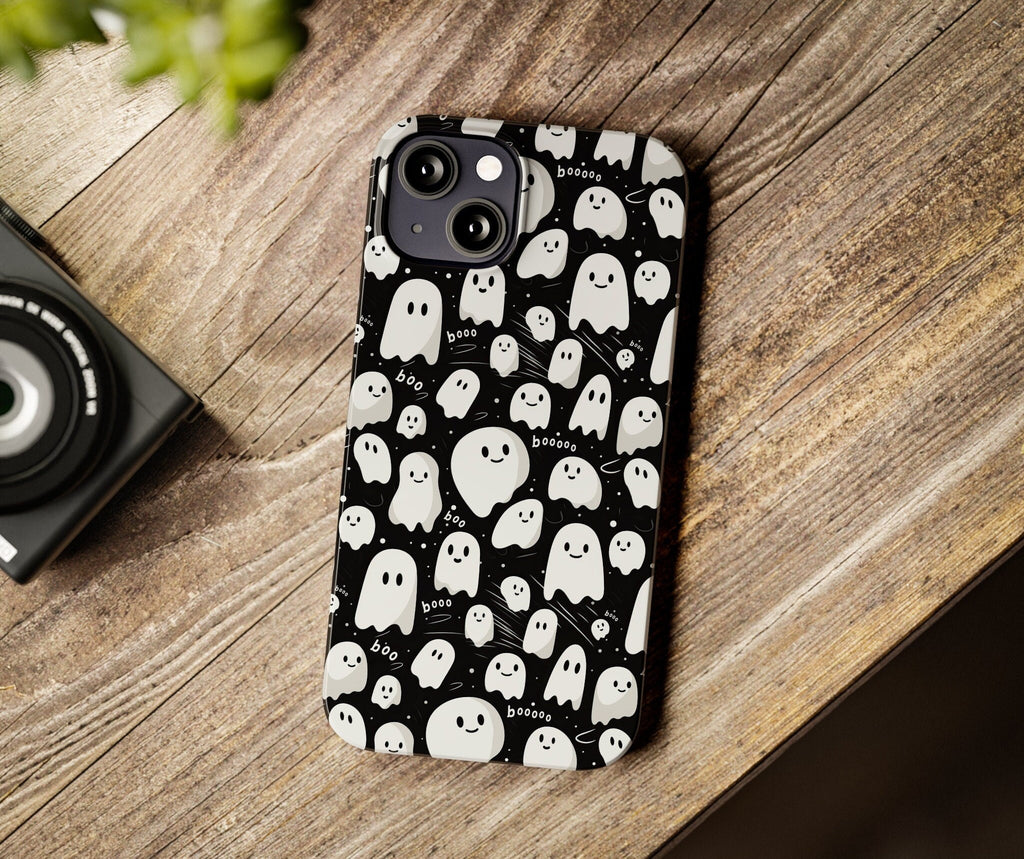 Halloween Kawaii Ghost iPhone Case 14 13 12 11 Pro XR, Spooky Cute Hard Tough Protective Cover Case