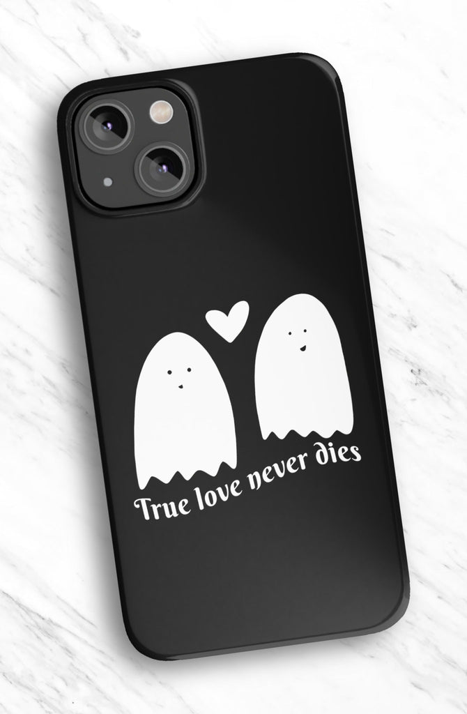 Halloween Kawaii Ghost iPhone Case 14 13 12 11 Pro XR, Spooky Cute Hard Protective Cover Case, True Love Never Dies Love Quote