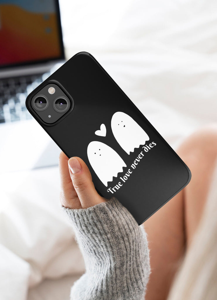 Halloween Kawaii Ghost iPhone Case 14 13 12 11 Pro XR, Spooky Cute Hard Protective Cover Case, True Love Never Dies Love Quote