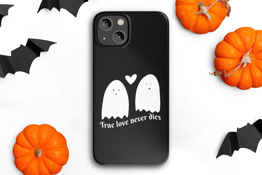 Halloween Kawaii Ghost iPhone Case 14 13 12 11 Pro XR, Spooky Cute Hard Protective Cover Case, True Love Never Dies Love Quote