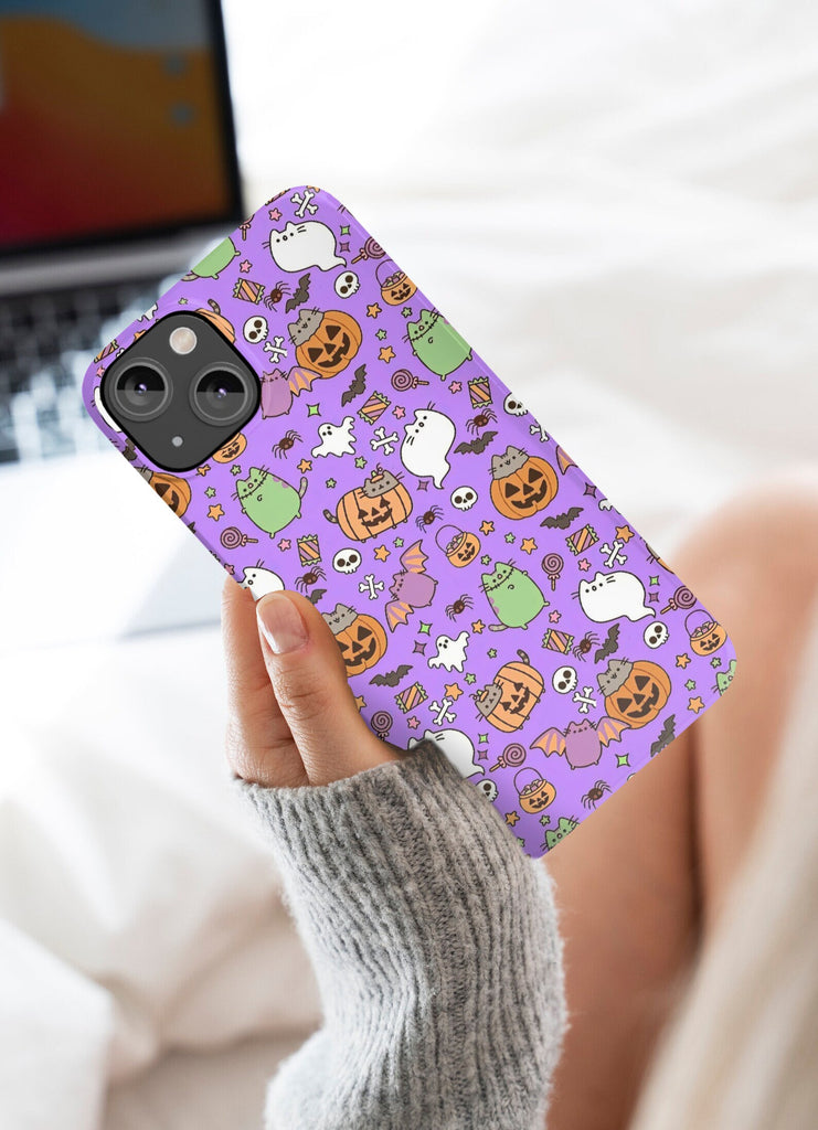 Halloween Kawaii Cat iPhone Case 14 13 12 11 Pro XR, Spooky Cute Hard Protective Cover Case