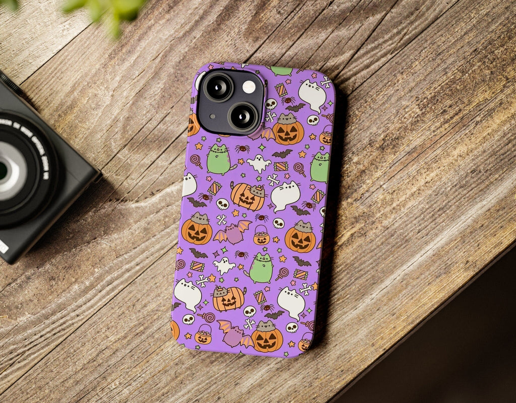 Halloween Kawaii Cat iPhone Case 14 13 12 11 Pro XR, Spooky Cute Hard Protective Cover Case
