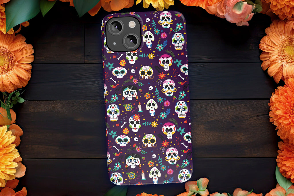 Day of the Dead Sugar Skull iPhone Case 14 13 12 11 Pro XR, Día de los Muertos Calavera Hard Tough Cover, Mexican Folk Art Gift