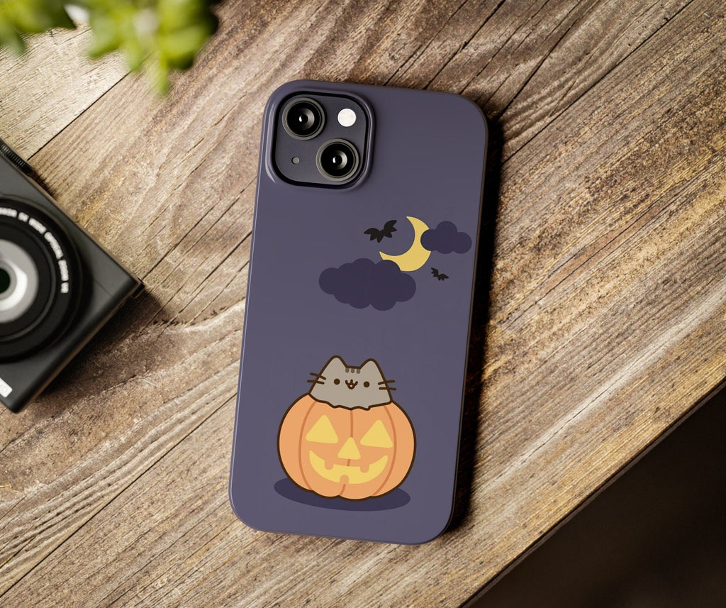 Halloween Kawaii Cat Pumpkin iPhone Case 14 13 12 11 Pro XR, Spooky Cute Hard Protective Cover Case