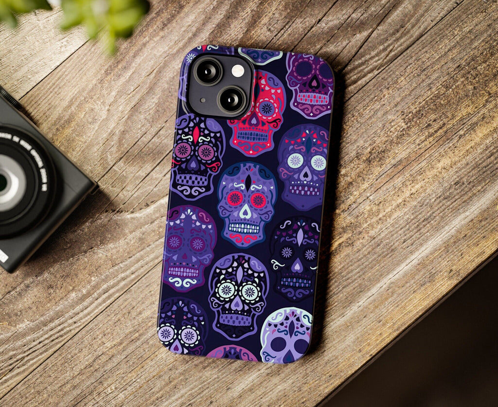 Day of the Dead Sugar Skull iPhone Case 14 13 12 11 Pro XR, Día de los Muertos Calavera Hard Tough Cover, Mexican Folk Art Gift