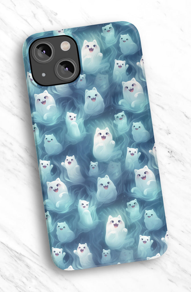 Ghost Cats Halloween iPhone Case 14 13 12 11 Pro XR, Kawaii Cute Hard Tough Cover, Cat Lover Gift