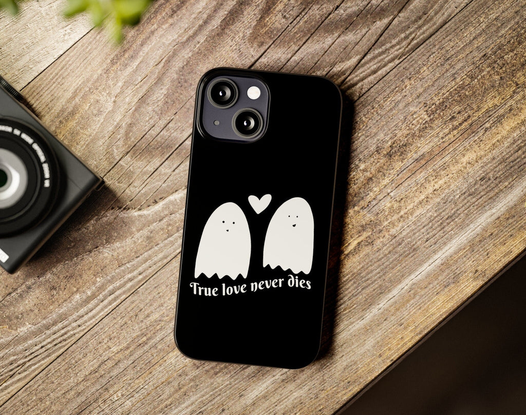 Halloween Kawaii Ghost iPhone Case 14 13 12 11 Pro XR, Spooky Cute Hard Protective Cover Case, True Love Never Dies Love Quote