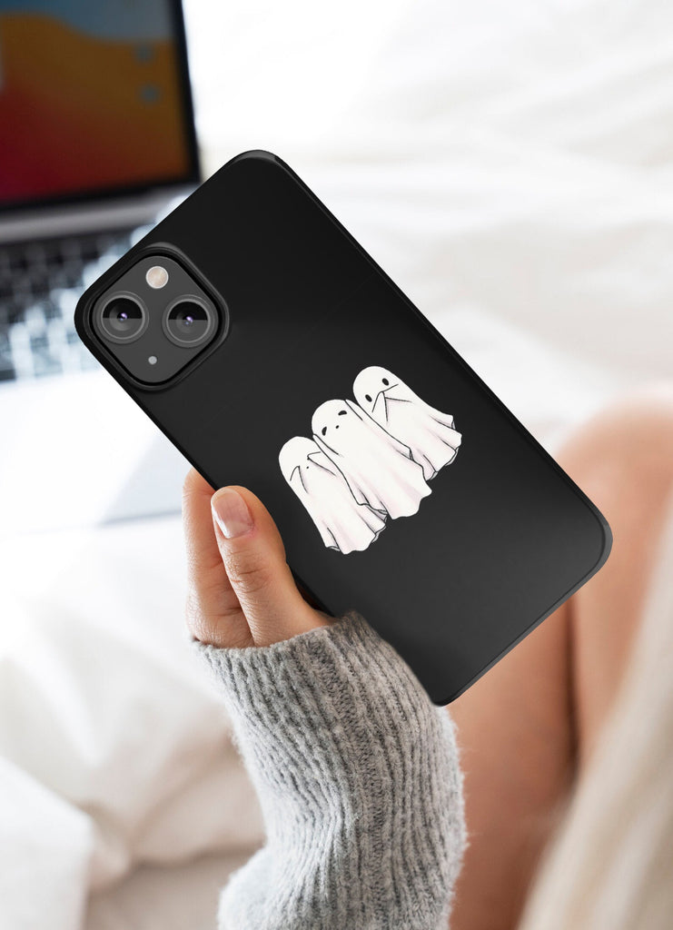 Halloween Kawaii Ghost iPhone Case 14 13 12 11 Pro XR, Spooky Cute Hard Protective Cover Case, See No Evil