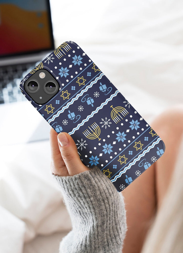 Jewish Hanukkah iPhone Case 14 13 12 11 Pro XR, Star of David Menorah Dreidel Protective Cover Case