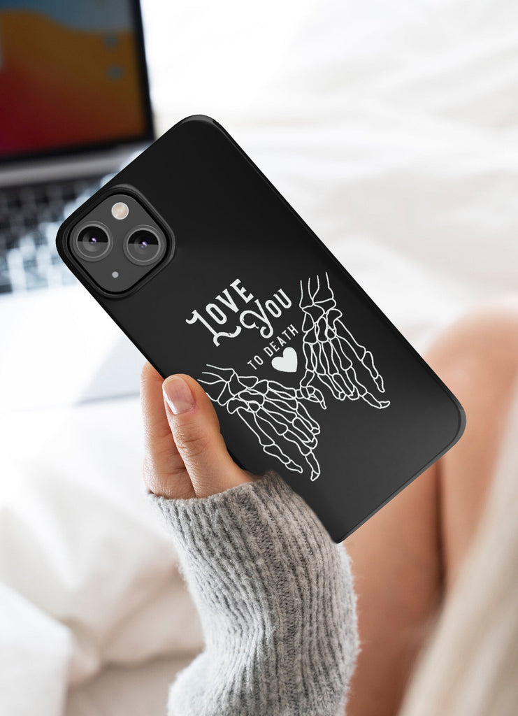 Halloween Romantic Skeleton iPhone Case 14 13 12 11 Pro XR, Love You to Death Gothic Romance Hard Tough Cover