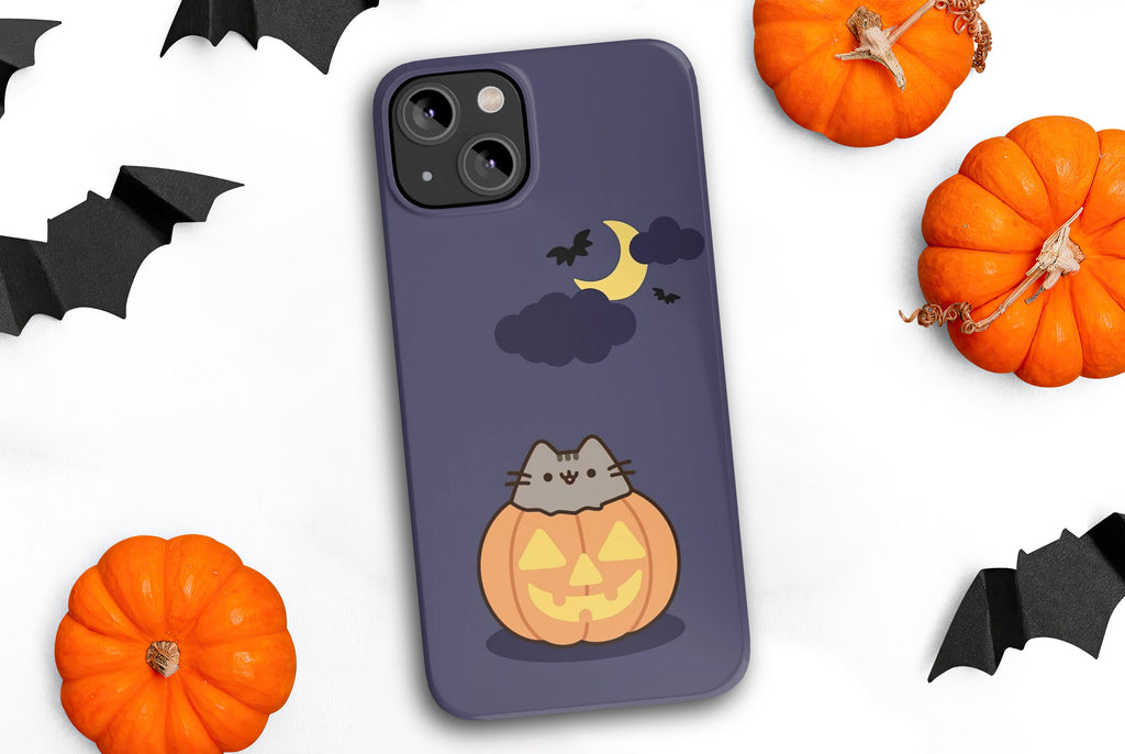 Halloween Kawaii Cat Pumpkin iPhone Case 14 13 12 11 Pro XR, Spooky Cute Hard Protective Cover Case