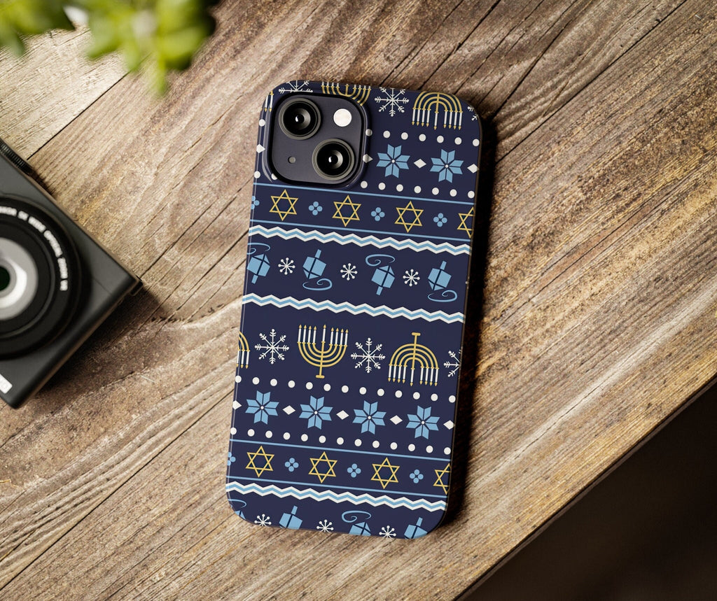 Jewish Hanukkah iPhone Case 14 13 12 11 Pro XR, Star of David Menorah Dreidel Protective Cover Case