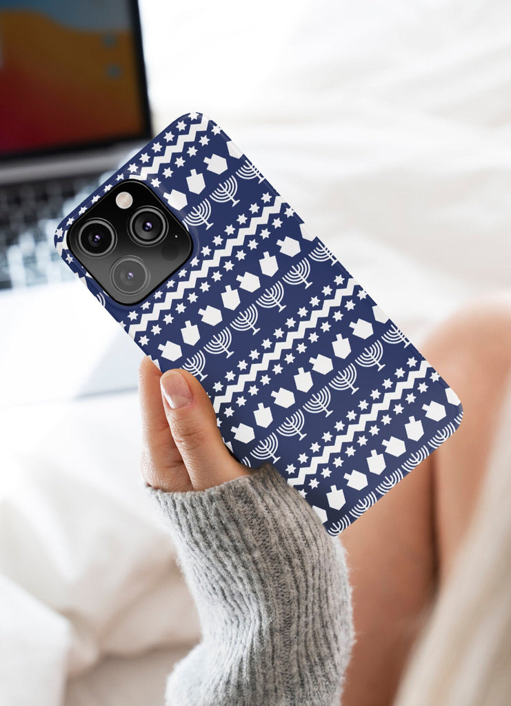 Jewish Hanukkah iPhone Case 14 13 12 11 Pro XR, Star of David Menorah Dreidel Protective Cover Case