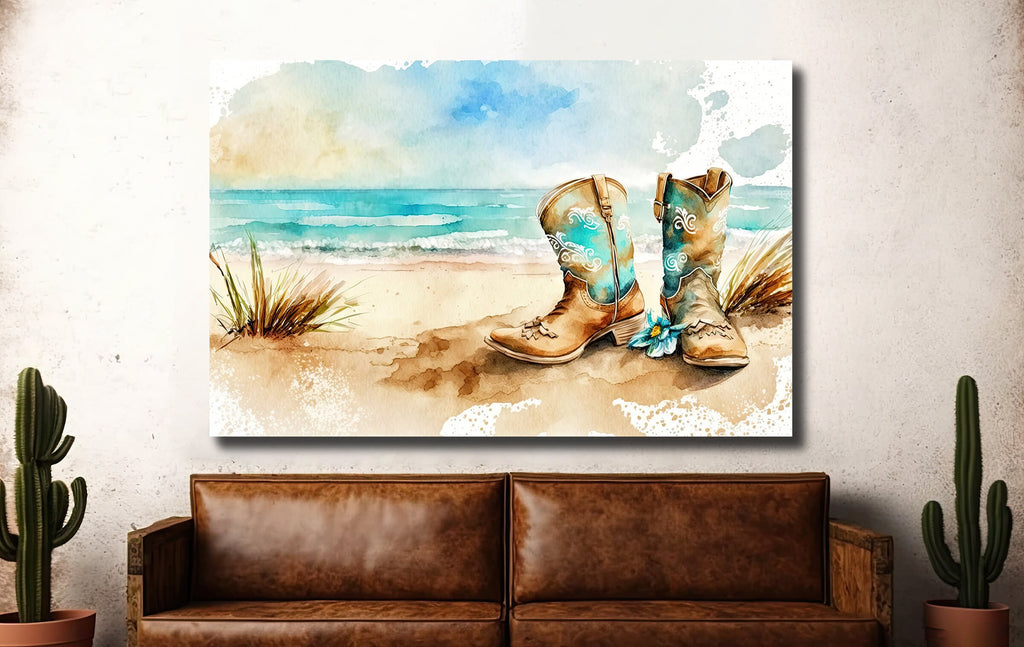 Coastal Cowgirl Boots Beach Art Print Boho Wall Decor Watercolor Painting Wall Art Gift Western Decor