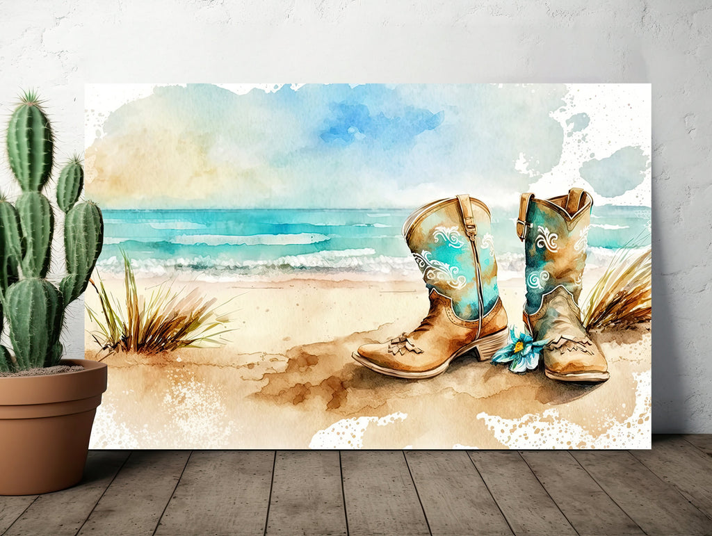 Coastal Cowgirl Boots Beach Art Print Boho Wall Decor Watercolor Painting Wall Art Gift Western Decor