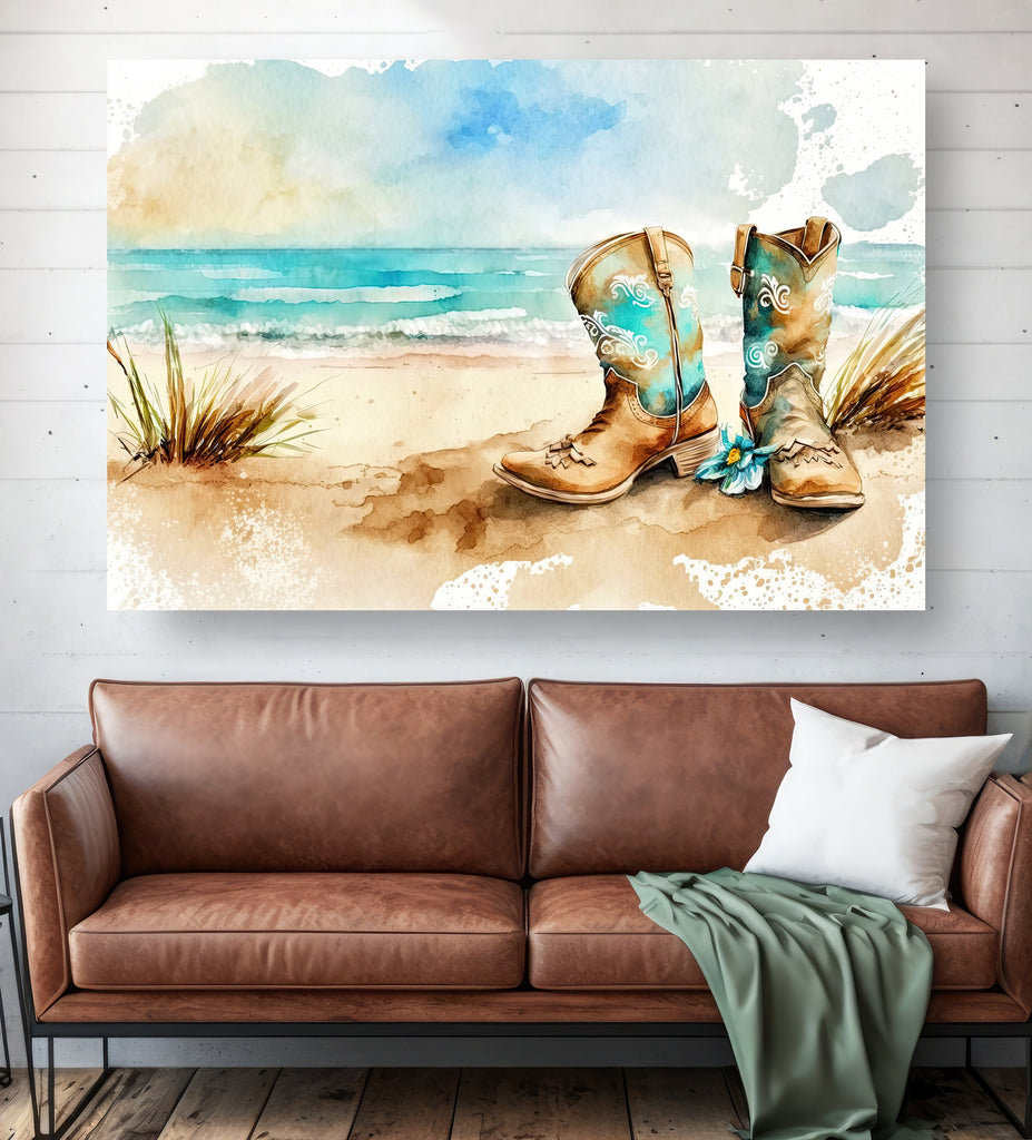 Coastal Cowgirl Boots Beach Art Print Boho Wall Decor Watercolor Painting Wall Art Gift Western Decor