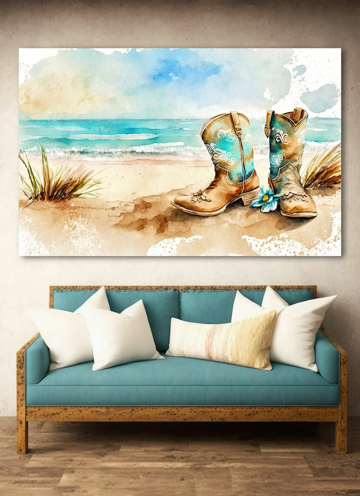 Coastal Cowgirl Boots Beach Art Print Boho Wall Decor Watercolor Painting Wall Art Gift Western Decor