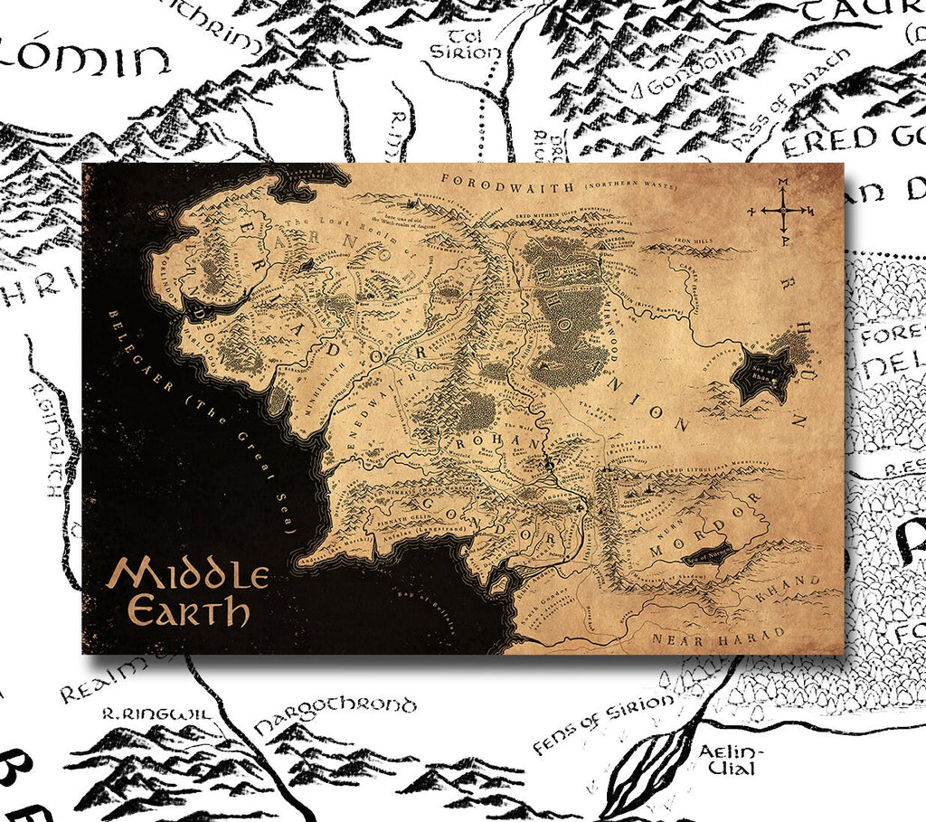 Middle Earth Map Illustration Print Lord of the Rings Silmarillion Wall Art Tolkien Gift Fantasy Home Decor